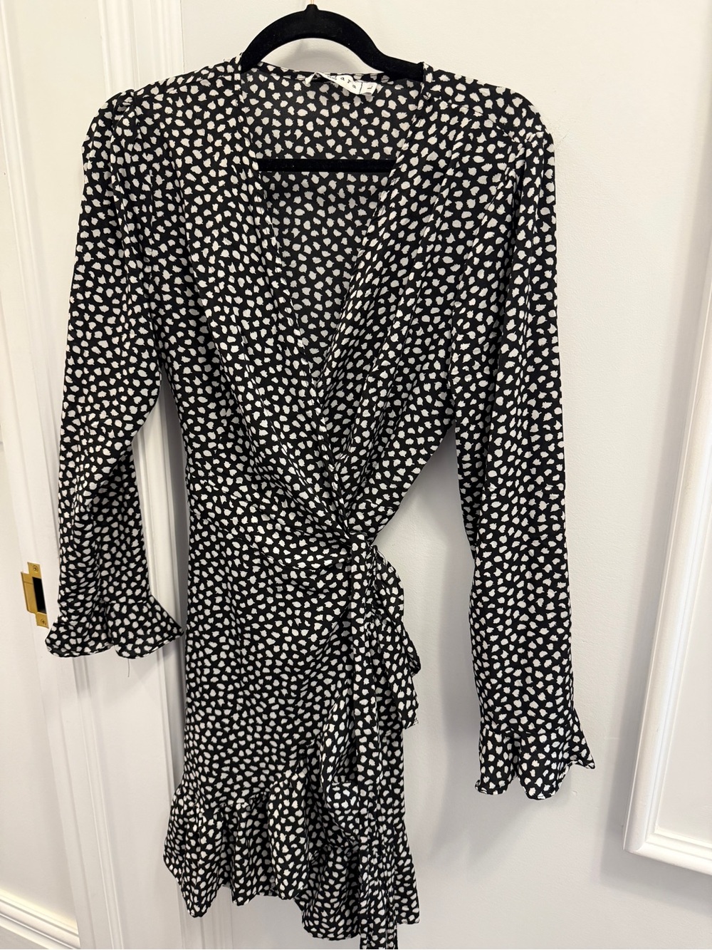 Black and White Wrap Dress with Ruffle Hem